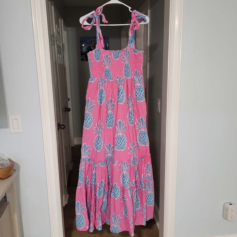 Crown & Ivy Pink Blue Pineapple Maxi Tiered Dress Ruched Nap M Metallic